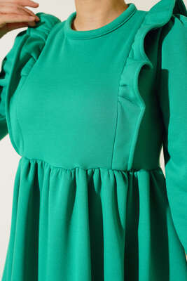 Üç İplik Omuzları Güpürlü Elbise Yeşil - Thumbnail