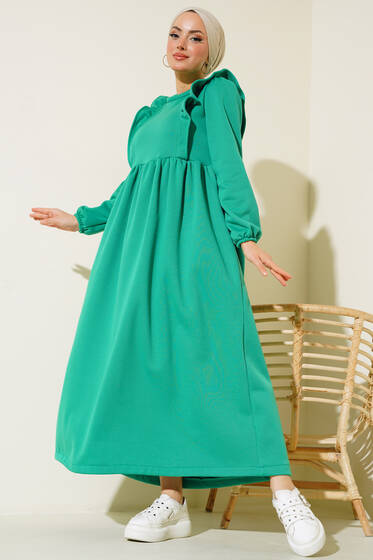 Üç İplik Omuzları Güpürlü Elbise Yeşil - Tesettür Elbise