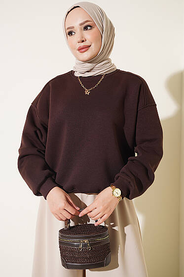 Üç İplik Şardonlu Sweatshirt Kahve - Tunik