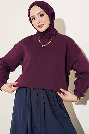Üç İplik Şardonlu Sweatshirt Mürdüm - Tunik