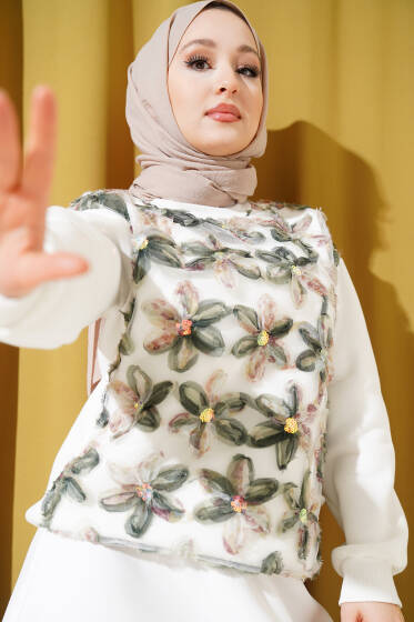 Üç İplik Tül Çiçekli Sweatshirt Haki - Tunik