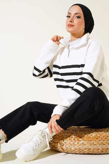 Üç İplik Yakası Fermuarlı Tunik Siyah - Tunik