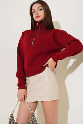 Üç İplik Yakası Yarım Fermuarlı Sweatshirt Bordo - ADYES