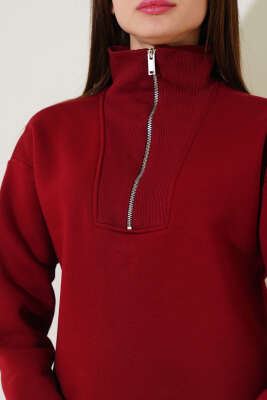 Üç İplik Yakası Yarım Fermuarlı Sweatshirt Bordo - Kadın Giyim Modelleri