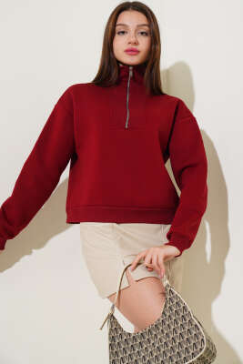 Üç İplik Yakası Yarım Fermuarlı Sweatshirt Bordo - Kadın Giyim Modelleri