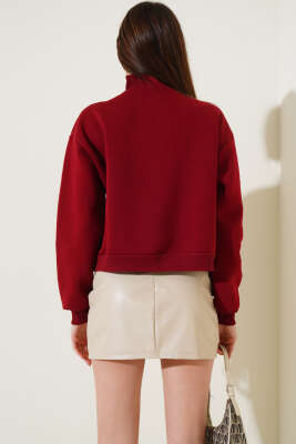 Üç İplik Yakası Yarım Fermuarlı Sweatshirt Bordo - Kadın Giyim Modelleri