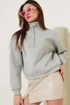 Üç İplik Yakası Yarım Fermuarlı Sweatshirt Gri - Kadın Giyim Modelleri