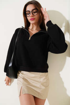 Üç İplik Yakası Yarım Fermuarlı Sweatshirt Siyah - Kadın Giyim Modelleri
