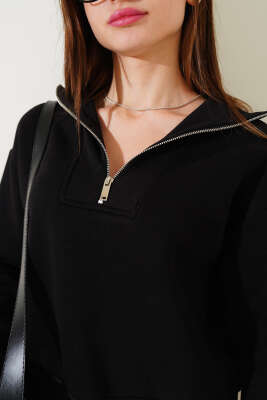 Üç İplik Yakası Yarım Fermuarlı Sweatshirt Siyah - Kadın Giyim Modelleri