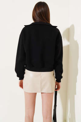 Üç İplik Yakası Yarım Fermuarlı Sweatshirt Siyah - Kadın Giyim Modelleri