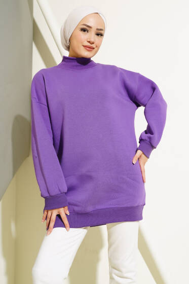 Üç İplik Yarım Balıkçı Yaka Tunik Lila - Tunik