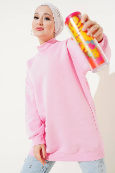 	 Üç İplik Yarım Balıkçı Yaka Tunik Pembe - Tunik