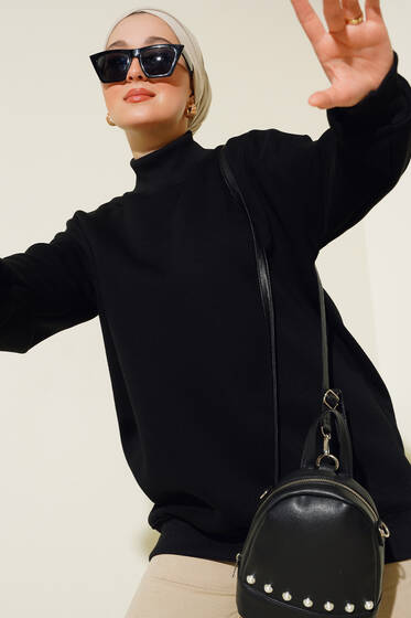 Üç İplik Yarım Balıkçı Yaka Tunik Siyah - Tunik