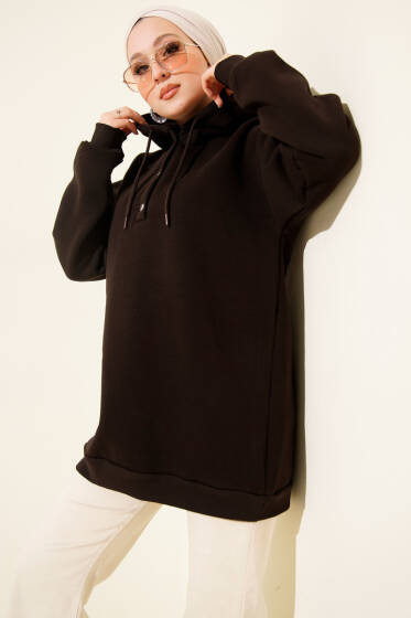 Üç İplik Yarım Çıtçıtlı Sweatshirt Acı Kahve - Tunik