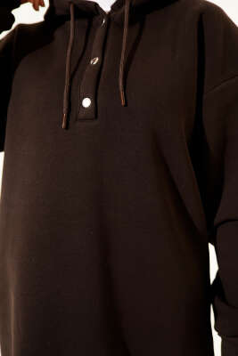 Üç İplik Yarım Çıtçıtlı Sweatshirt Acı Kahve - Tunik