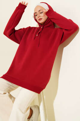 Üç İplik Yarım Çıtçıtlı Sweatshirt Bordo 