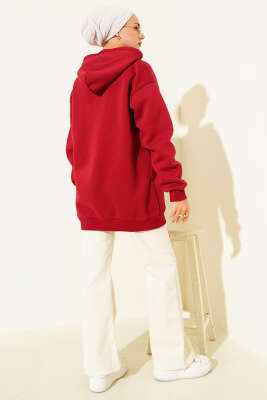 Üç İplik Yarım Çıtçıtlı Sweatshirt Bordo - Tunik