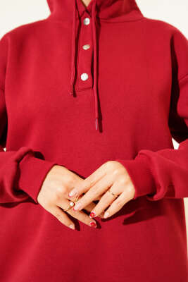 Üç İplik Yarım Çıtçıtlı Sweatshirt Bordo - Tunik
