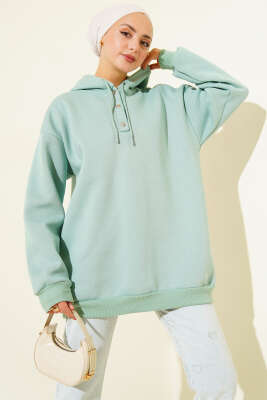 Üç İplik Yarım Çıtçıtlı Sweatshirt Çağla Yeşili 