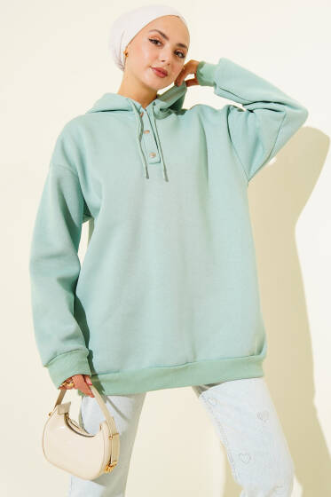 Üç İplik Yarım Çıtçıtlı Sweatshirt Çağla Yeşili - Tunik