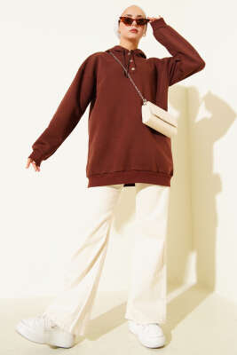 Üç İplik Yarım Çıtçıtlı Sweatshirt Kahve - Tunik