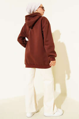 Üç İplik Yarım Çıtçıtlı Sweatshirt Kahve - Tunik