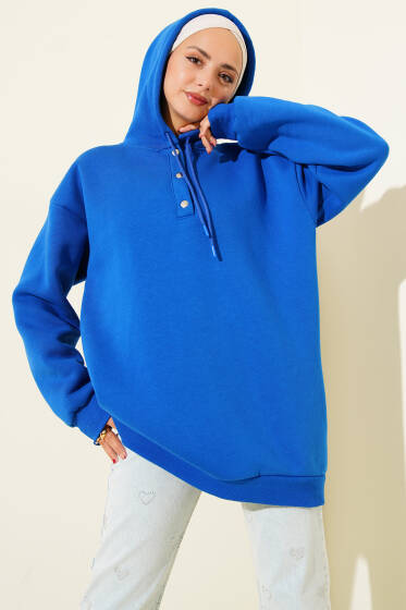 Üç İplik Yarım Çıtçıtlı Sweatshirt Saks - Tunik