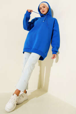 Üç İplik Yarım Çıtçıtlı Sweatshirt Saks - Tunik