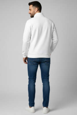 Üç İplik Yarım Fermuar Erkek Sweatshirt Beyaz - Erkek Sweatshirt
