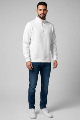 Üç İplik Yarım Fermuar Erkek Sweatshirt Beyaz - Erkek Sweatshirt