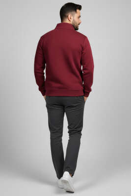 Üç İplik Yarım Fermuar Erkek Sweatshirt Bordo - Erkek Sweatshirt