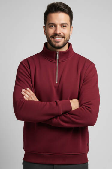 Üç İplik Yarım Fermuar Erkek Sweatshirt Bordo - Erkek Sweatshirt