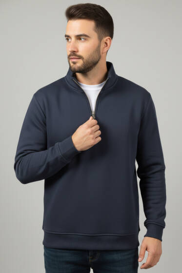 Üç İplik Yarım Fermuar Erkek Sweatshirt Füme - Erkek Sweatshirt