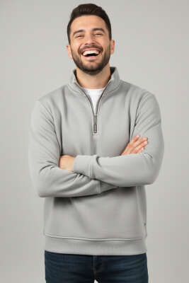 Üç İplik Yarım Fermuar Erkek Sweatshirt Gri - GÜRZA TEKSTİL