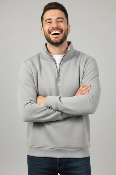 Üç İplik Yarım Fermuar Erkek Sweatshirt Gri - Erkek Sweatshirt
