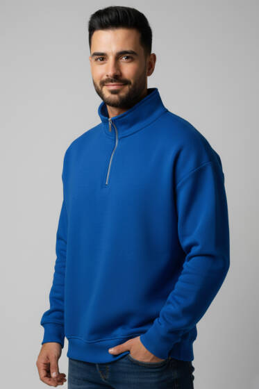 Üç İplik Yarım Fermuar Erkek Sweatshirt Saks - Erkek Sweatshirt