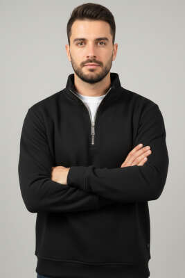 Üç İplik Yarım Fermuar Erkek Sweatshirt Siyah - GÜRZA TEKSTİL