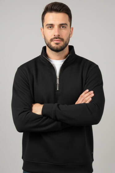 Üç İplik Yarım Fermuar Erkek Sweatshirt Siyah - Erkek Sweatshirt