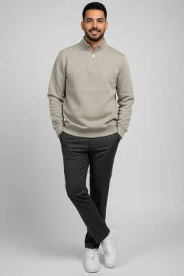 Üç İplik Yarım Fermuar Erkek Sweatshirt Su Yeşili - Erkek Sweatshirt