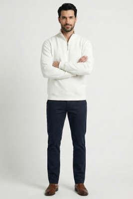 Üç İplik Yarım Fermuarlı Erkek Sweatshirt Ekru - Erkek Sweatshirt