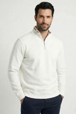 Üç İplik Yarım Fermuarlı Erkek Sweatshirt Ekru - FRESHMAN