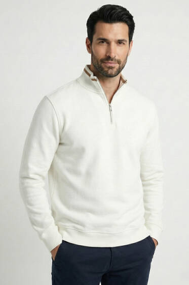 Üç İplik Yarım Fermuarlı Erkek Sweatshirt Ekru - Erkek Sweatshirt