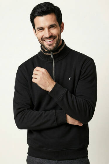 Üç İplik Yarım Fermuarlı Erkek Sweatshirt Siyah - Erkek Sweatshirt