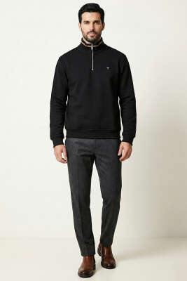 Üç İplik Yarım Fermuarlı Erkek Sweatshirt Siyah - Erkek Sweatshirt