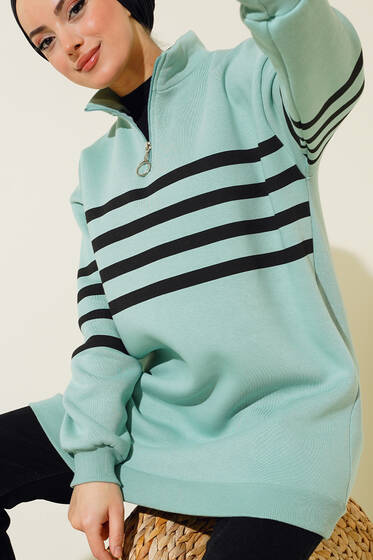 Üç İplik Yarım Fermuarlı Tunik Çağla Yeşili - Tunik