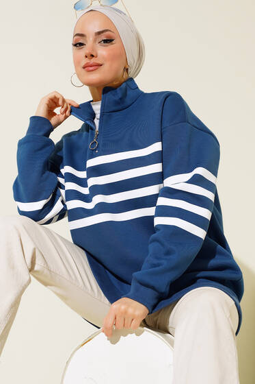 Üç İplik Yarım Fermuarlı Tunik İndigo - Tunik