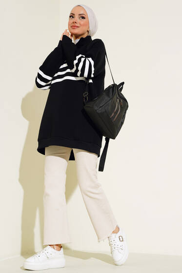 Üç İplik Yarım Fermuarlı Tunik Siyah - Tunik