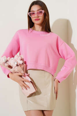 Üç İplik Yazı Detaylı Sweatshirt Pembe - Kadın Giyim Modelleri