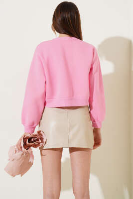 Üç İplik Yazı Detaylı Sweatshirt Pembe - Kadın Giyim Modelleri