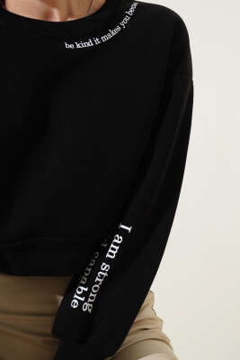 Üç İplik Yazı Detaylı Sweatshirt Siyah - Kadın Giyim Modelleri